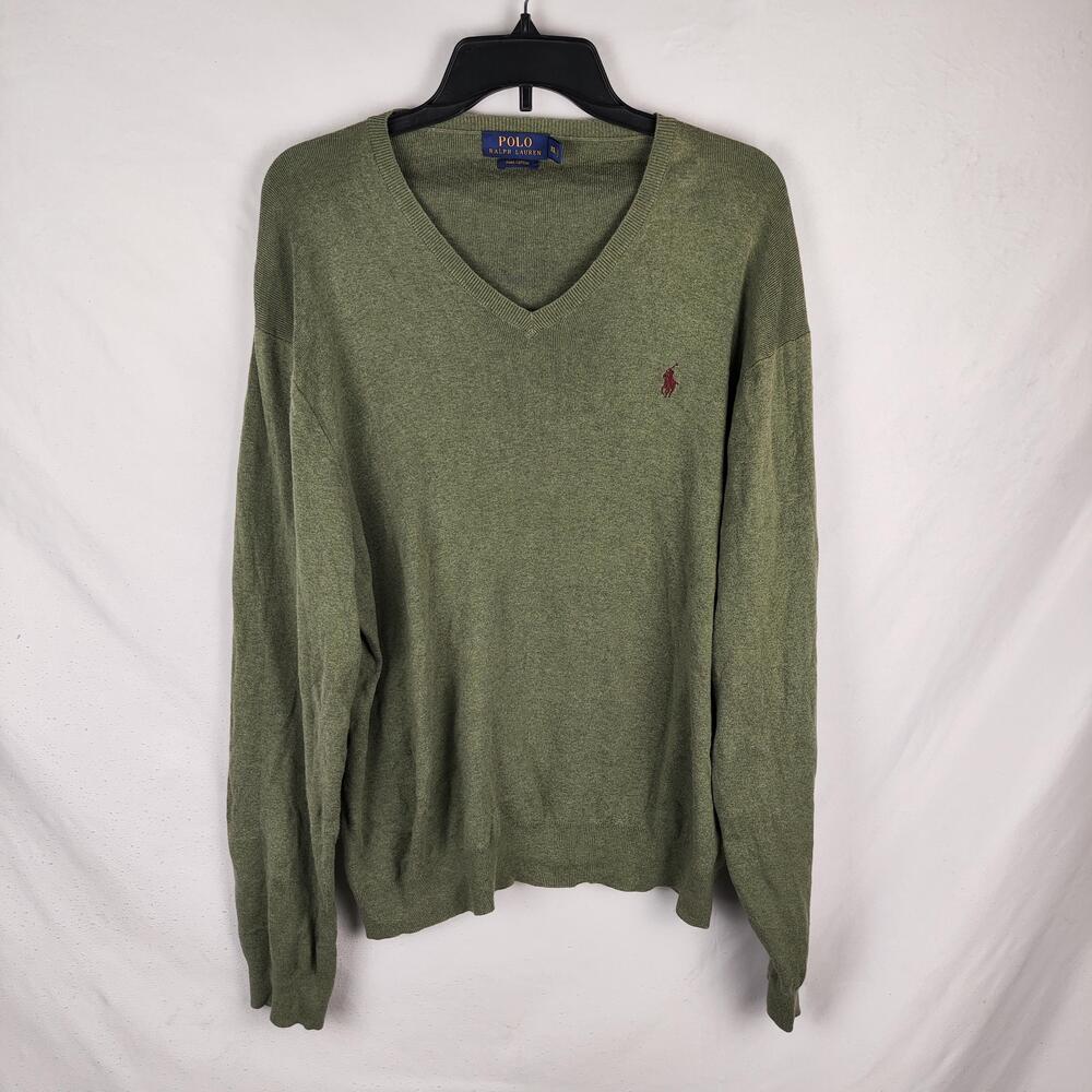 Polo Ralph Lauren Sweater Mens 2XL Green Pima Cotton V Neck Knit Pony Logo
